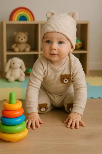 3'lü ayıcık nakışlı pamuk kumaş bebek takımı-Yeşil3lümnbrd - 4