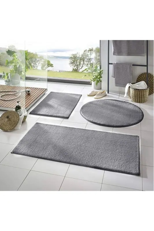 3'lü Banyo Paspası Halısı Peluş Halı Klozet Takımı 50x70--50x50---50x50(yuvarlak) - gri1 - SARAR