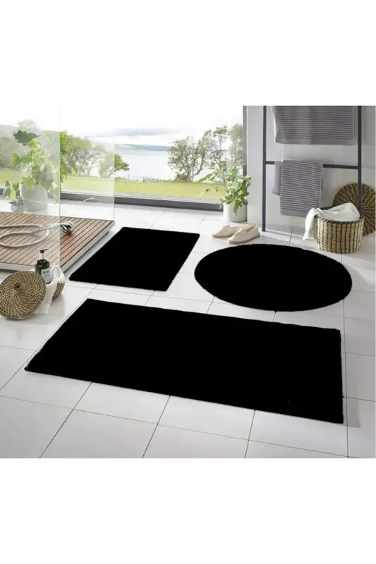 3'lü Banyo Paspası Halısı Peluş Halı Klozet Takımı -- 50x90--50x60---50x50(YUVARLAK)-siyah1 - SARAR