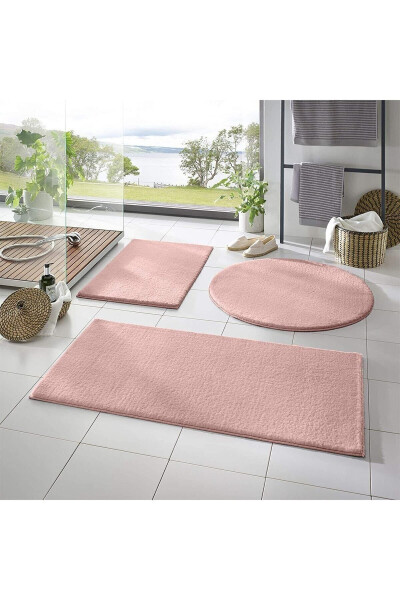 3'lü Banyo Paspası Halısı Peluş Halı Klozet Takımı Pudra-pembe 50x90-50x60--50x50(YUVARLAK) - 3