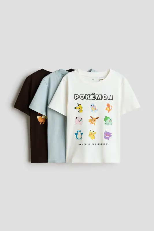 3'lü Baskılı Tişört - Beyaz/Pokémon - H&M