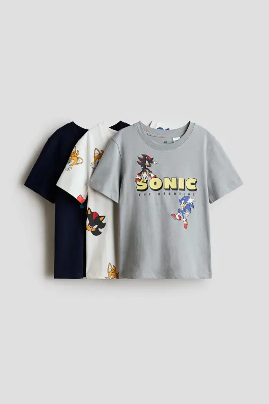 3'lü Baskılı Tişört - Gri/Kirpi Sonic - H&M