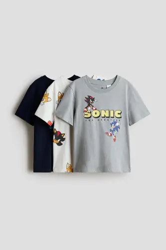 3'lü Baskılı Tişört - Gri/Kirpi Sonic - 1