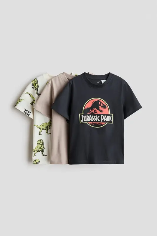 3'lü Baskılı Tişört - Koyu gri/Jurassic World - H&M