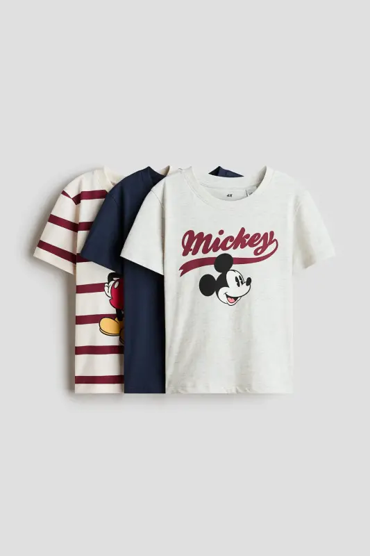 3'lü Baskılı Tişört - Lacivert/Mickey Mouse - H&M