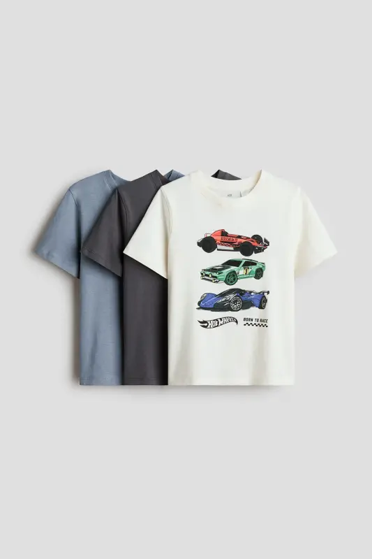 3'lü Baskılı Tişört - Tozlu mavi/Hot Wheels - H&M