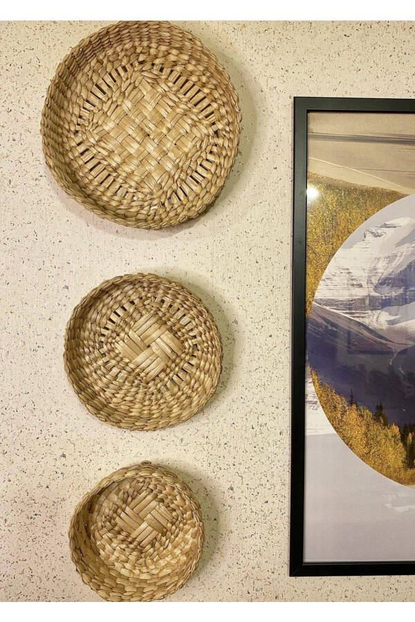 3lü Bohem Rattan Bambu Hasır Duvar Sepeti/süsü Duvar Tabağı Seti - Hasır - 1