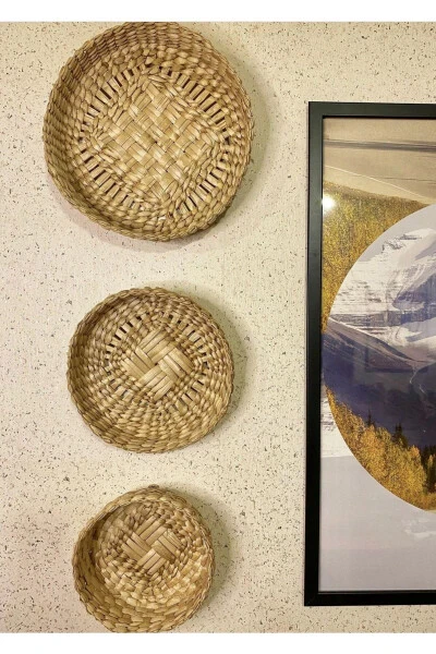 3lü Bohem Rattan Bambu Hasır Duvar Sepeti/süsü Duvar Tabağı Seti - AFRALYAHOME