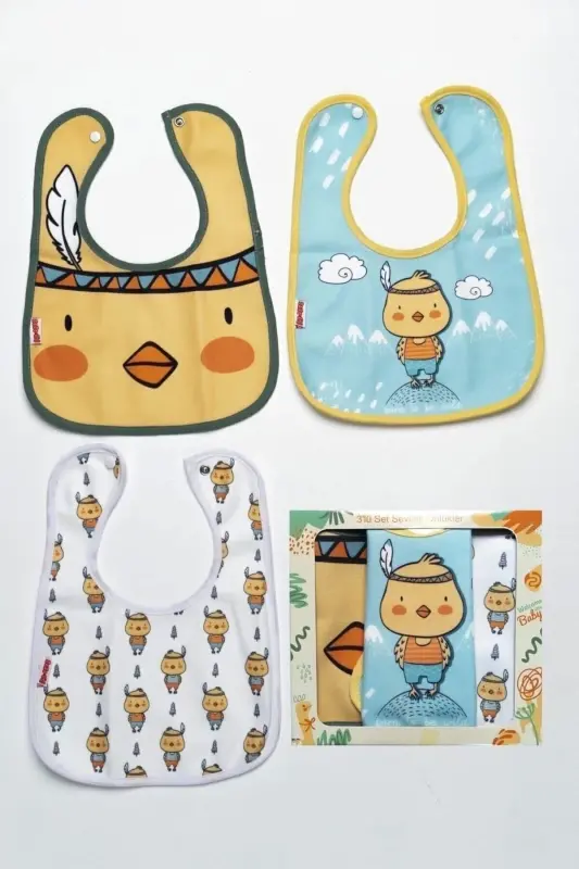 3'lü Civciv Temalı Microfiber %100 Pamuk Sıvı Geçirmez Mama Önlüğü Bebek Fular Su Geçirmez Önlük - FLANDOLY