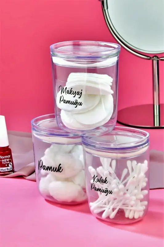 3'lü Damla Model Kulak Pamuğu & Pamuk & Makyaj Pamuğu Saklama Kutusu 400 Ml Pamukluk - Akrilik Şeffaf - FBZHOME