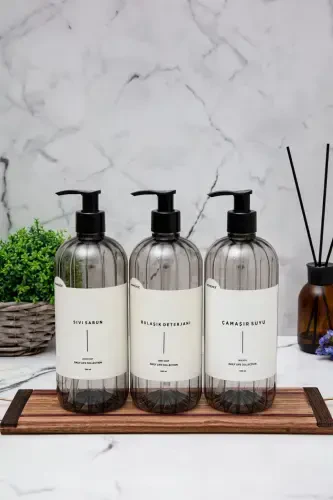 3'lü Füme Sabunluk Seti 500ml Sıvı Sabun Bulaşık Deterjanı Çamaşır Suyu Etiketli Plastik Şişe-FÜME - HOMENCE (1)