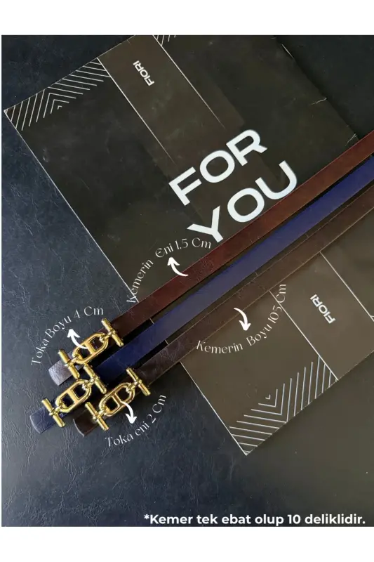 3'lü Gold Tokalı Ince Kadın Kemer, Pantolon Kemeri, Gömlek Kemeri, Ceket Kemeri - Lacivert-Kahve-Bordo-Gold - 1
