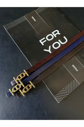 3'lü Gold Tokalı Ince Kadın Kemer, Pantolon Kemeri, Gömlek Kemeri, Ceket Kemeri - Lacivert-Kahve-Bordo-Gold - 2