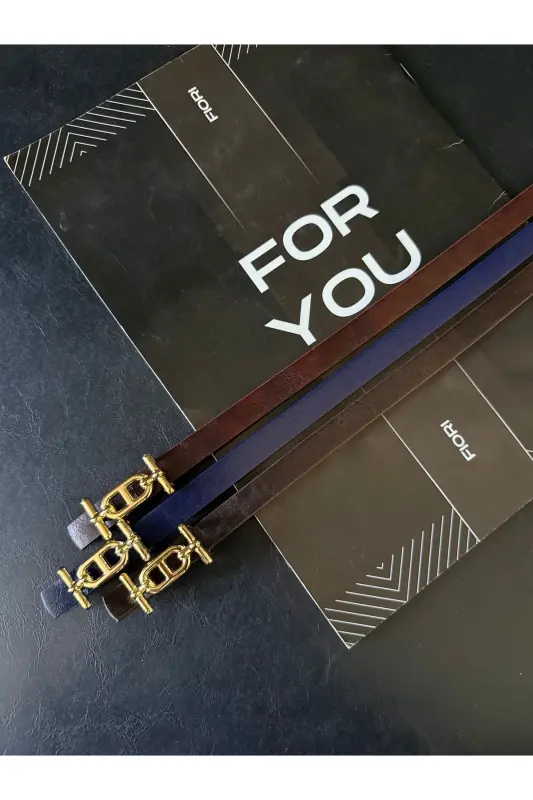 3'lü Gold Tokalı Ince Kadın Kemer, Pantolon Kemeri, Gömlek Kemeri, Ceket Kemeri - Lacivert-Kahve-Bordo-Gold - 3