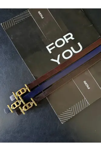 3'lü Gold Tokalı Ince Kadın Kemer, Pantolon Kemeri, Gömlek Kemeri, Ceket Kemeri - Lacivert-Kahve-Bordo-Gold - 4