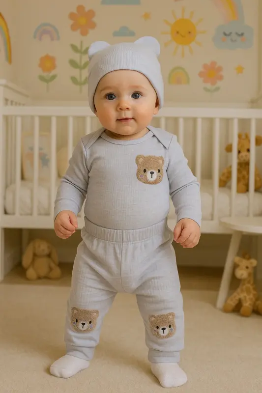 3'lü gri ayıcıklı rahat kumaş bebek takımı-Gri - ANNE DOKUNUŞU GIBI KUZUM BEBE