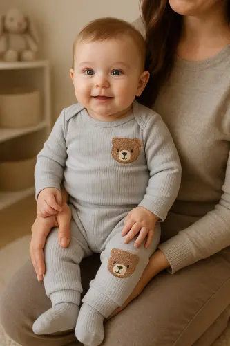 3'lü gri ayıcıklı rahat kumaş bebek takımı-Gri - ANNE DOKUNUŞU GIBI KUZUM BEBE (1)