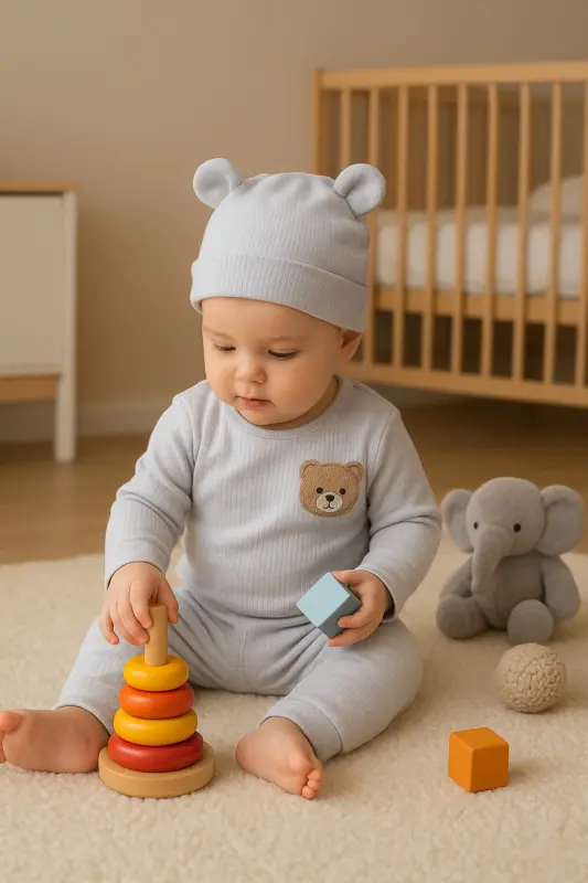 3'lü gri ayıcıklı rahat kumaş bebek takımı-Gri - 3