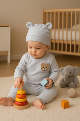 3'lü gri ayıcıklı rahat kumaş bebek takımı-Gri - 3