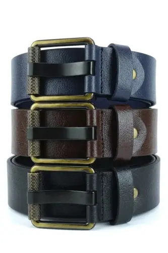 3'lü Hakiki Deri Erkek Kot Kemeri 4,5 Cm Borulu Toka - Siyah - Kahverengi - Lacivert - 1