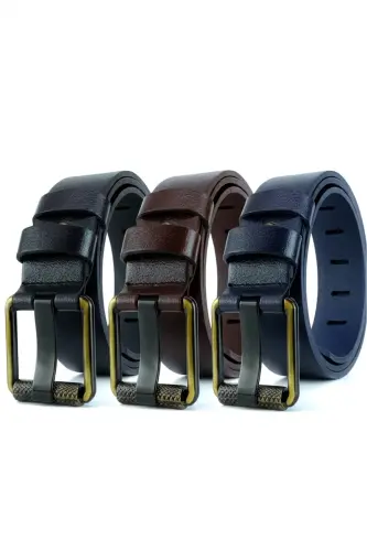 3'lü Hakiki Deri Erkek Kot Kemeri 4,5 Cm Borulu Toka - Siyah - Kahverengi - Lacivert - Livize (1)