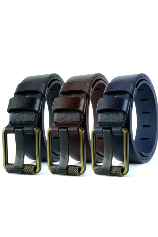 3'lü Hakiki Deri Erkek Kot Kemeri 4,5 Cm Borulu Toka - Siyah - Kahverengi - Lacivert - 2