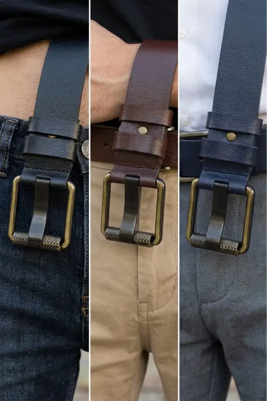 3'lü Hakiki Deri Erkek Kot Kemeri 4,5 Cm Borulu Toka - Siyah - Kahverengi - Lacivert - 3