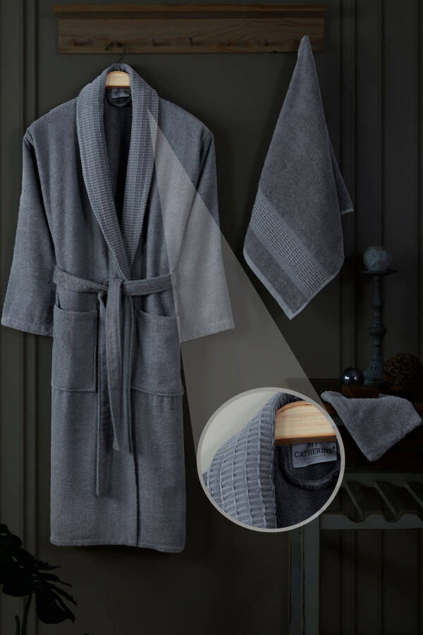 3'lü Havlulu Bornoz Seti %100 Pamuk | Kaliteli Bornoz Takımı | Yumuşaklık ve Emicilik-Antrasit - 1