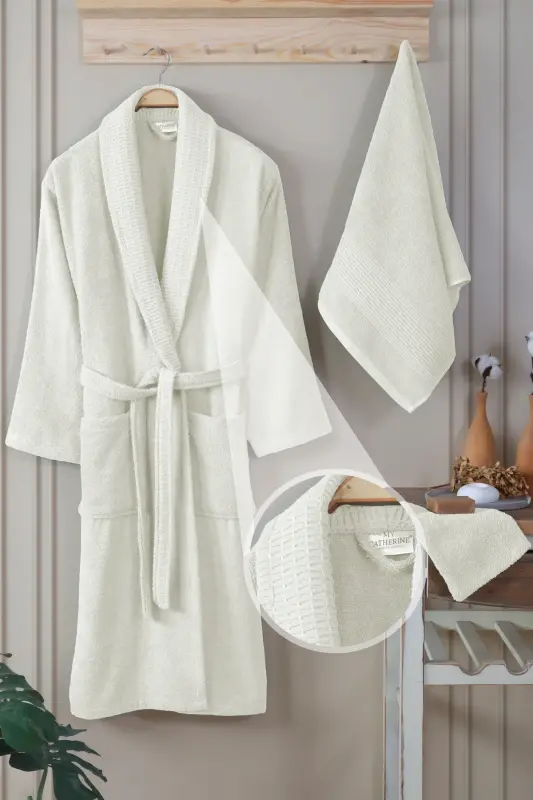 3'lü Havlulu Bornoz Seti %100 Pamuk | Kaliteli Bornoz Takımı | Yumuşaklık ve Emicilik-Ekru - MY CATHERINE