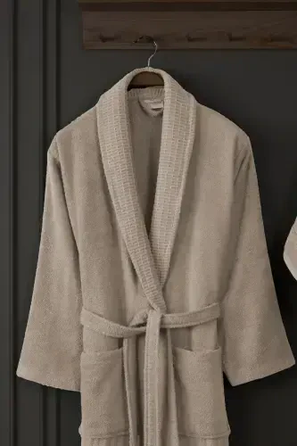 3'lü Havlulu Bornoz Seti %100 Pamuk | Kaliteli Bornoz Takımı | Yumuşaklık ve Emicilik-Taş - 2