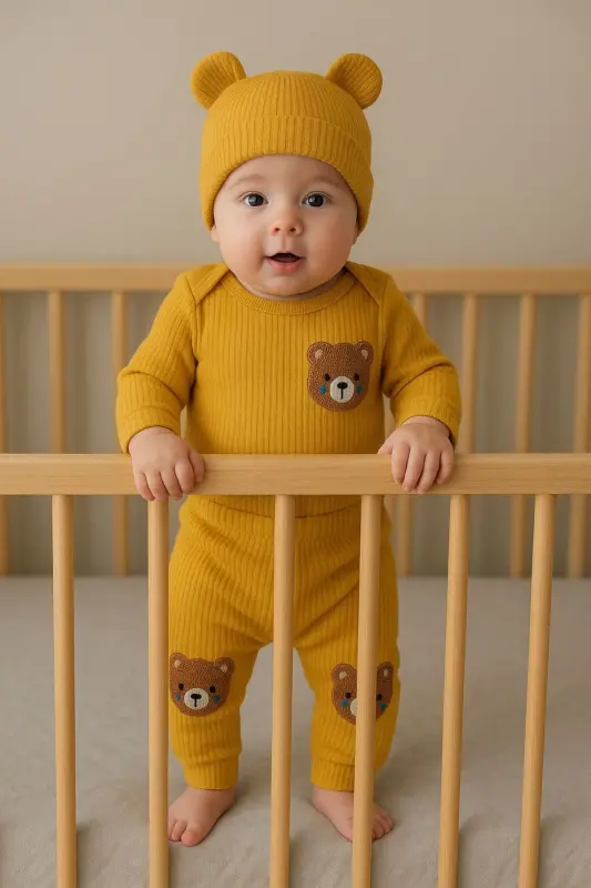 3'lü Kahve ayıcık nakışlı pamuk kumaş bebek takımı-Sarı3lümnbrd - ANNE DOKUNUŞU GIBI KUZUM BEBE