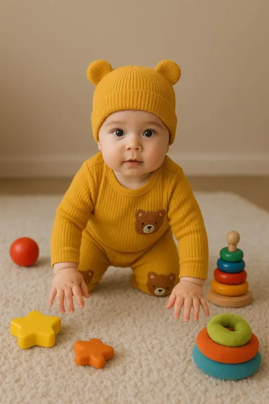 3'lü Kahve ayıcık nakışlı pamuk kumaş bebek takımı-Sarı3lümnbrd - 4