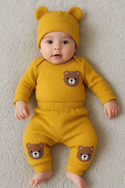 3'lü Kahve ayıcık nakışlı pamuk kumaş bebek takımı-Sarı3lümnbrd - 2