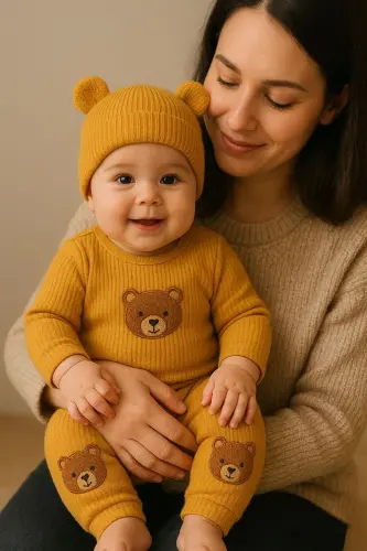 3'lü Kahve ayıcık nakışlı pamuk kumaş bebek takımı-Sarı3lümnbrd - 3