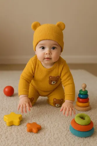 3'lü Kahve ayıcık nakışlı pamuk kumaş bebek takımı-Sarı3lümnbrd - 4