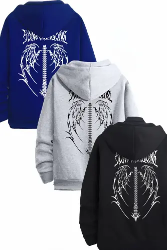 3'Lü Kanat Tasarım Sweatshirt Fermuarlı Hırka - Siyah Gri Sax Mavi Baskılı Oversize Kışlık Kapüşonlu - Siyah Gri Sax Mavi 