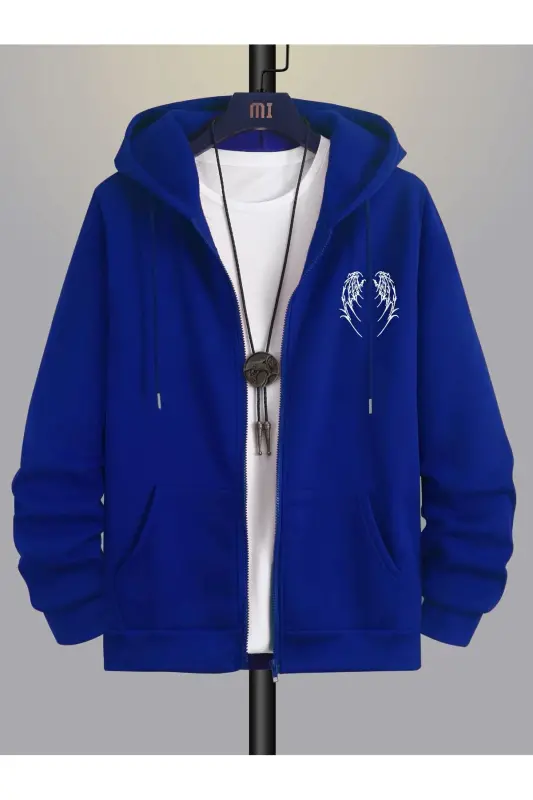 3'Lü Kanat Tasarım Sweatshirt Fermuarlı Hırka - Siyah Gri Sax Mavi Baskılı Oversize Kışlık Kapüşonlu - Siyah Gri Sax Mavi - 3
