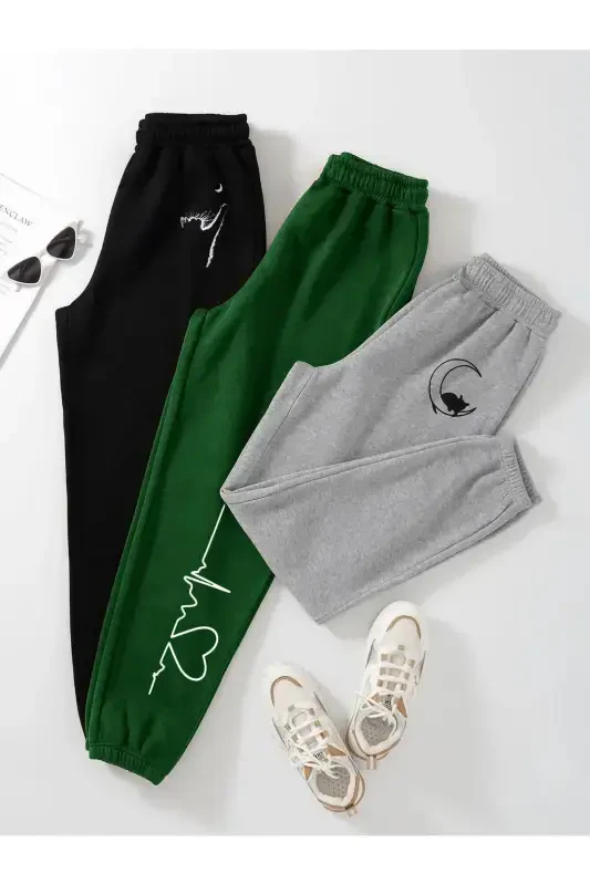 3-lü Kedi Ve Ay Baskılı Jogger Eşofman Altı - Siyah Nefti Yeşil Gri Lastik Paça Normal Bel-Siyah Nefti Yeşil Gri Kedi - MYTHOLOGIE