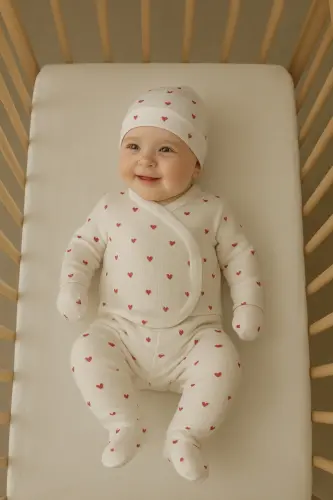 3'lü Kendinden Eldivenli Pamuk Yenidoğan Bebek Takım-Kırmızı3lükalp - 3