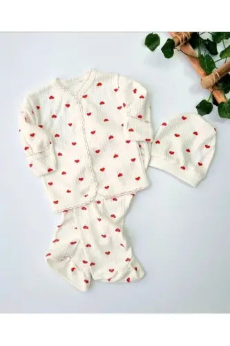 3'lü Kendinden Eldivenli Pamuk Yenidoğan Bebek Takım-Kırmızı3lükalp - 4