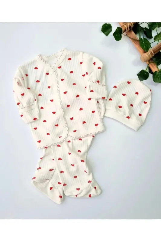 3'lü Kendinden Eldivenli Pamuk Yenidoğan Bebek Takım-Kırmızı3lükalp - 4