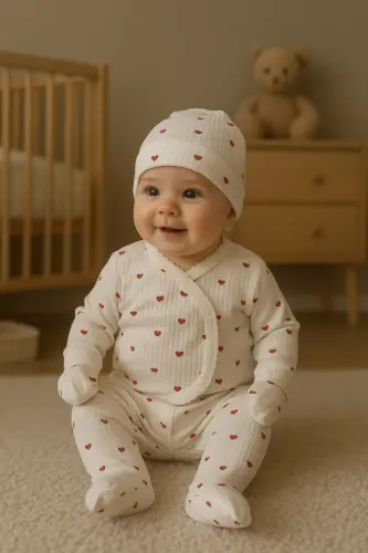 3'lü Kendinden Eldivenli Pamuk Yenidoğan Bebek Takım-Kırmızı3lükalp - ANNE DOKUNUŞU GIBI KUZUM BEBE (1)