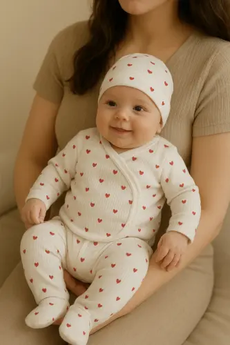 3'lü Kendinden Eldivenli Pamuk Yenidoğan Bebek Takım-Kırmızı3lükalp 