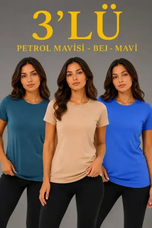 3’lü Kısa Kollu Bisiklet Yaka Basic Slim Fit T-Shirt -Petrol Mavisi - Bej - Mavi - 1