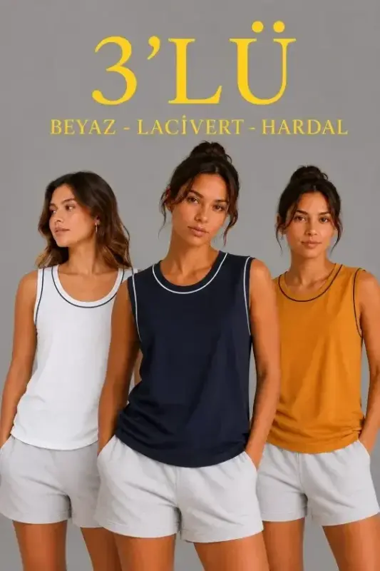 3’lü Kolsuz Sporcu Atlet Seti Yazlık Bisiklet Yakalı - Beyaz, Lacivert, Hardal - BÜYÜKBEDENIZ