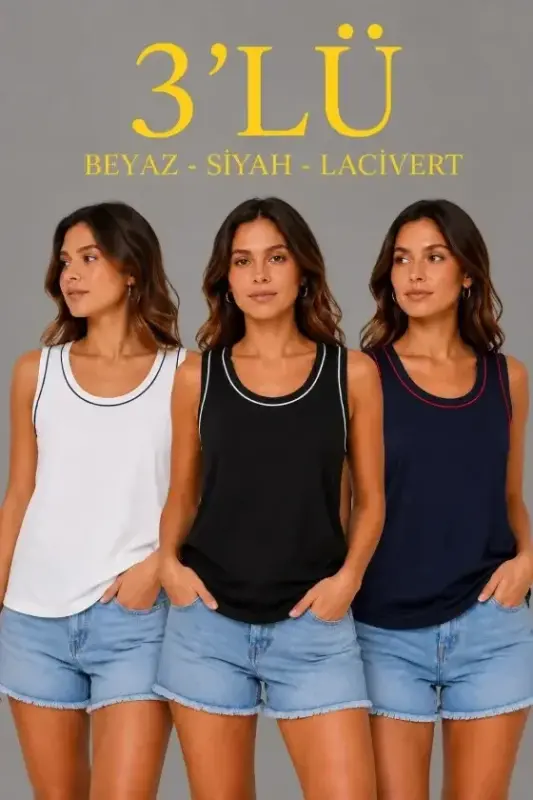 3’lü Kolsuz Sporcu Atlet Seti Yazlık Bisiklet Yakalı - Siyah, Lacivert, Beyaz - BÜYÜKBEDENIZ