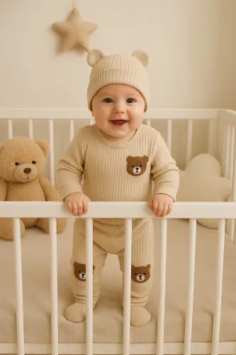 3'lü krem ayıcık nakışlı pamuk kumaş bebek takımı-Ekru3lümnbrd 