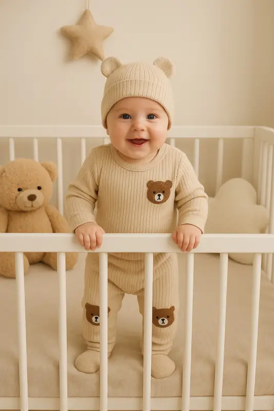 3'lü krem ayıcık nakışlı pamuk kumaş bebek takımı-Ekru3lümnbrd - ANNE DOKUNUŞU GIBI KUZUM BEBE