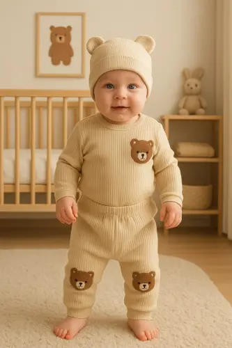 3'lü krem ayıcık nakışlı pamuk kumaş bebek takımı-Ekru3lümnbrd - ANNE DOKUNUŞU GIBI KUZUM BEBE (1)