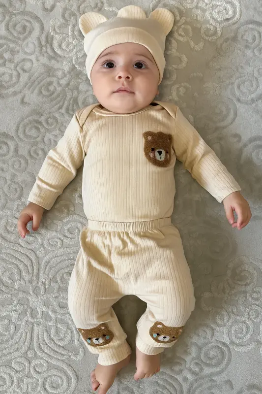 3'lü krem ayıcık nakışlı pamuk kumaş bebek takımı-Ekru3lümnbrd - 3